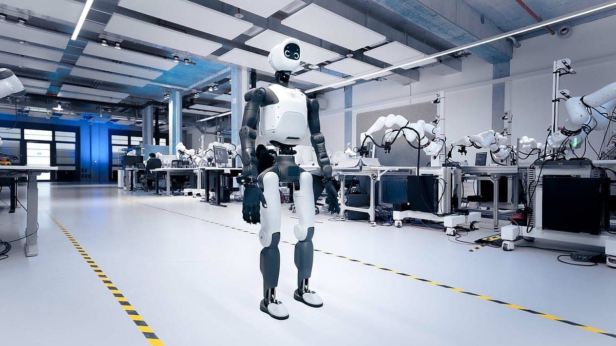 The white and grey Agile ONE SN humanoid standing upright in a bright robotics laboratory, with robot arms and workbenches behind it