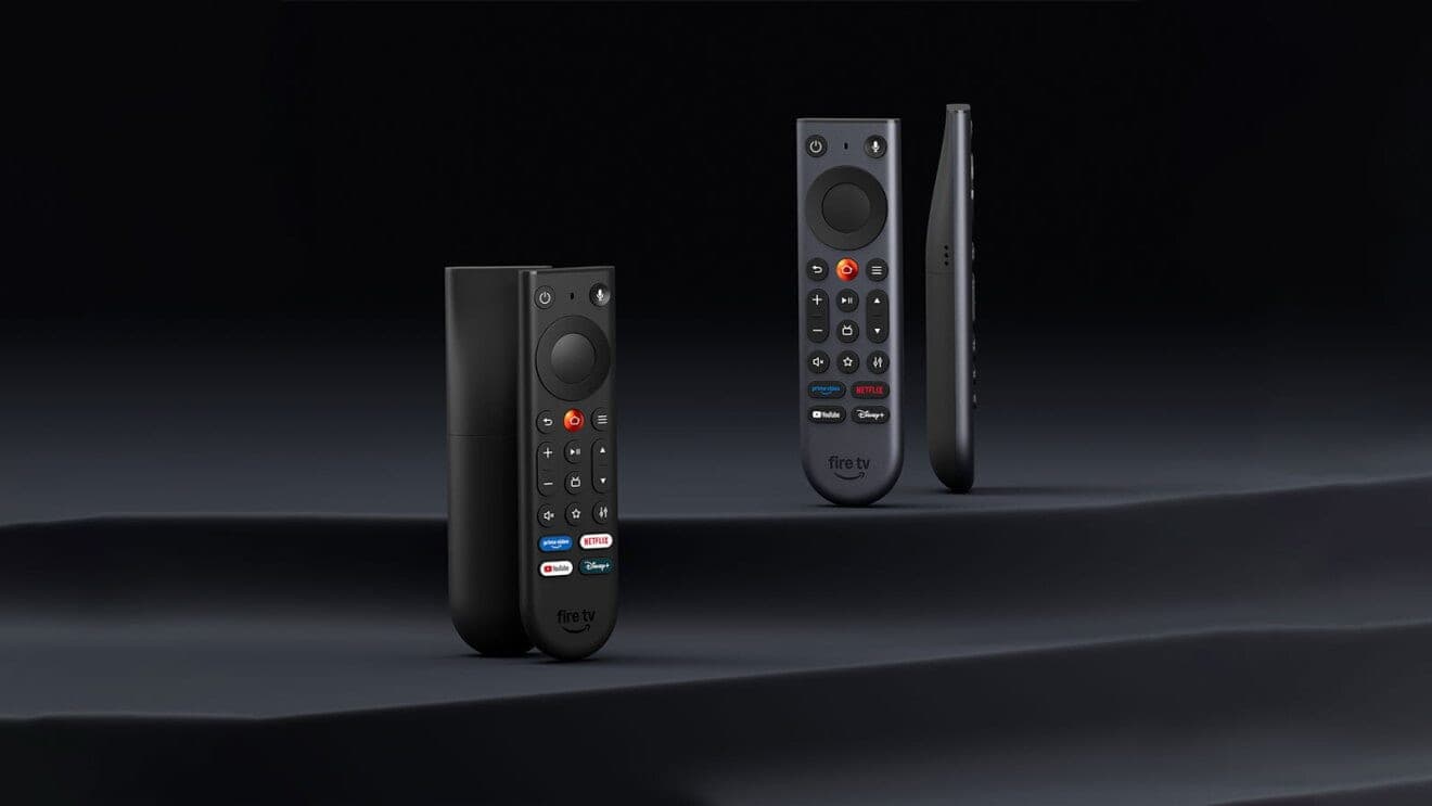 The redesigned Fire TV Remote shown from the front and side, with distinctly shaped buttons