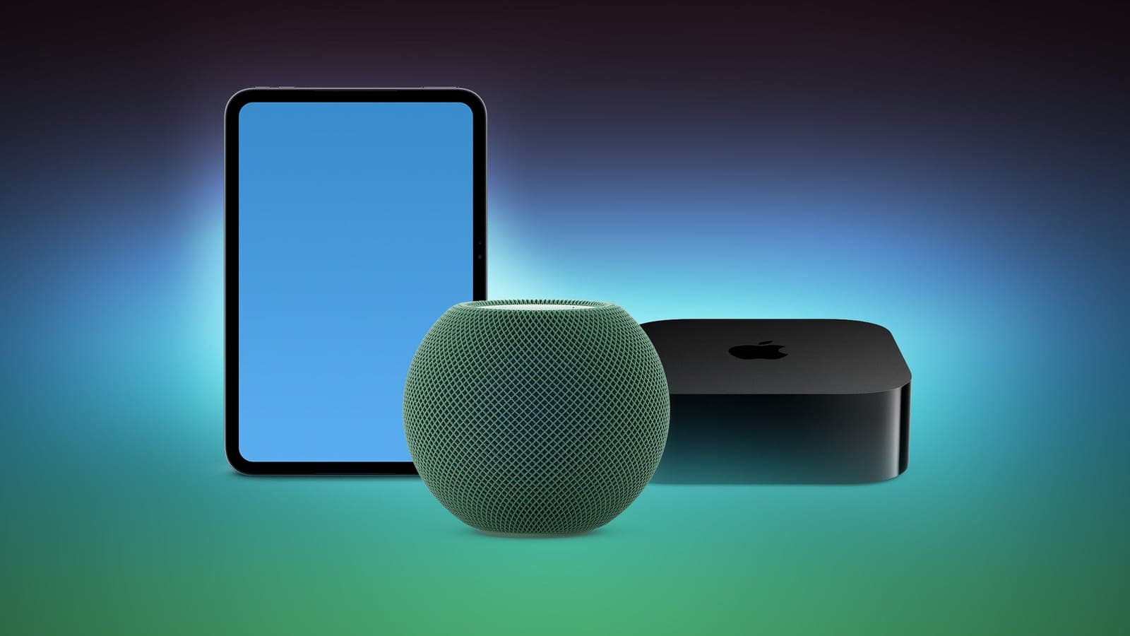 Rendering of an iPad mini, a green HomePod mini and a black Apple TV 4K box together