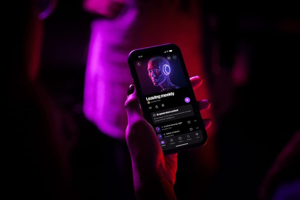 A hand holding a phone with the Deezer app open on an album marked with an AI-generated content notice, in purple and red light