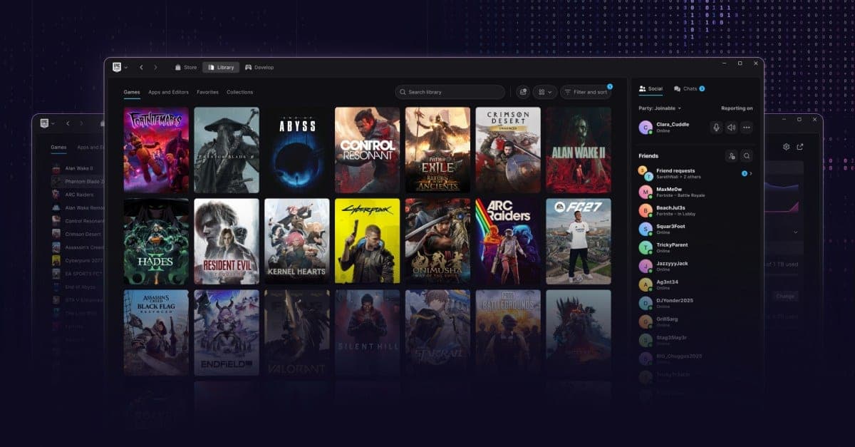 The new Epic Games Launcher showing a grid of game covers in the library, with a friends and party panel on the right