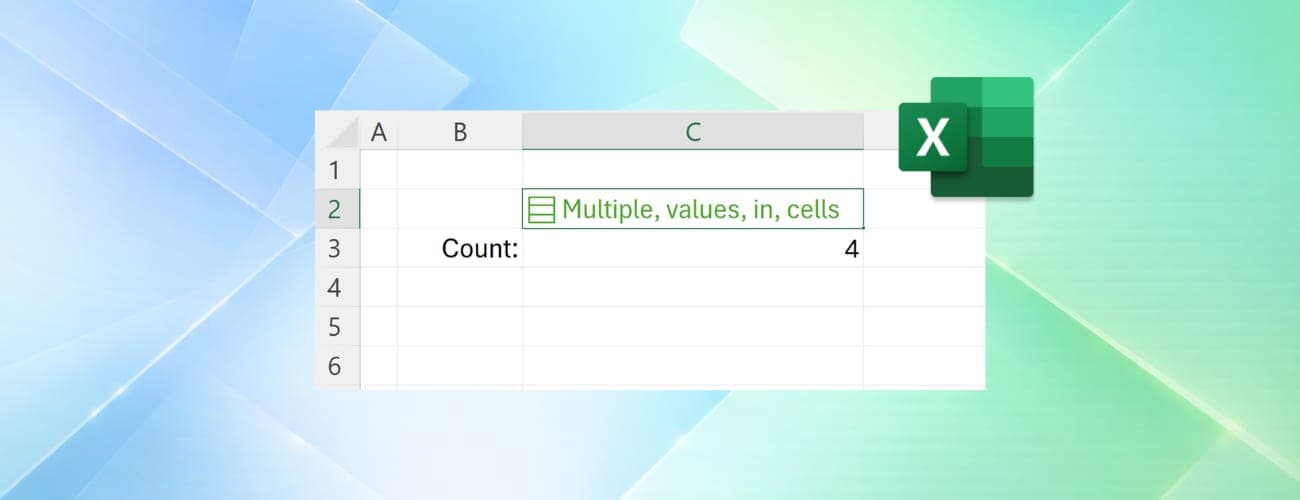 Screenshot of an Excel cell containing a list of values (Multiple, values, in, cells) next to a count formula and the Excel app icon