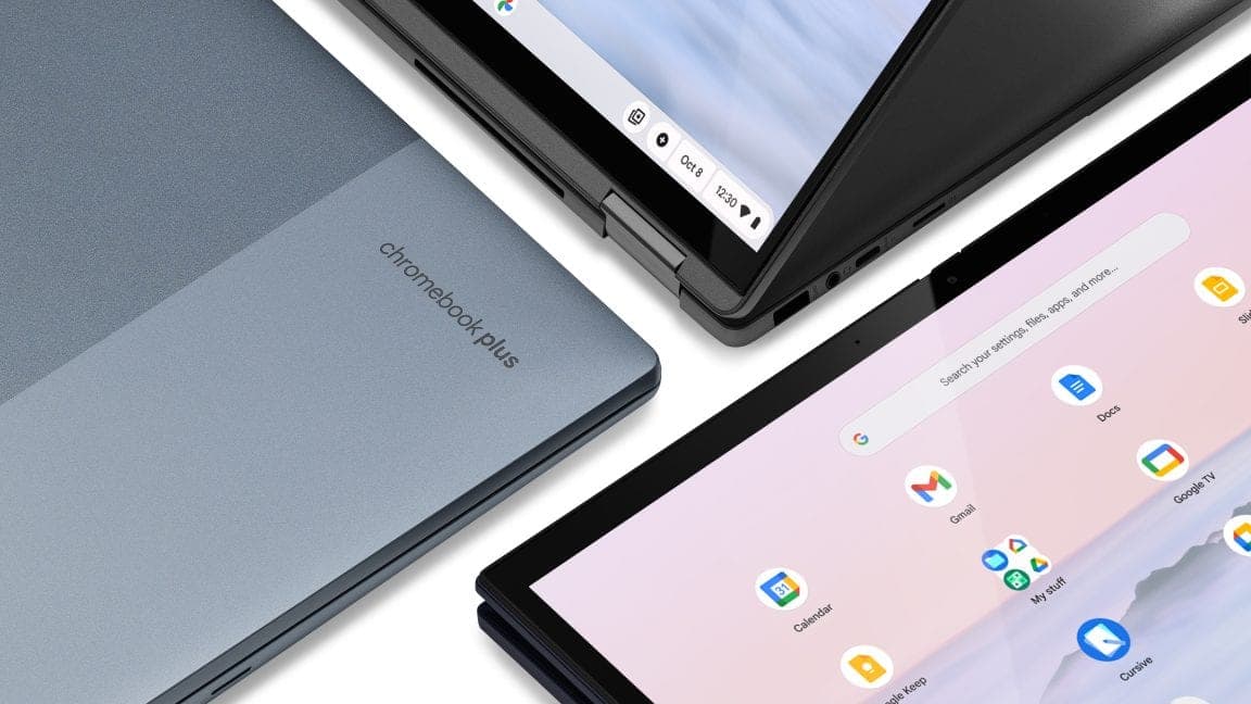 Two Chromebook Plus laptops and a tablet shown at an angle, with the ChromeOS interface and app icons visible on their screens.