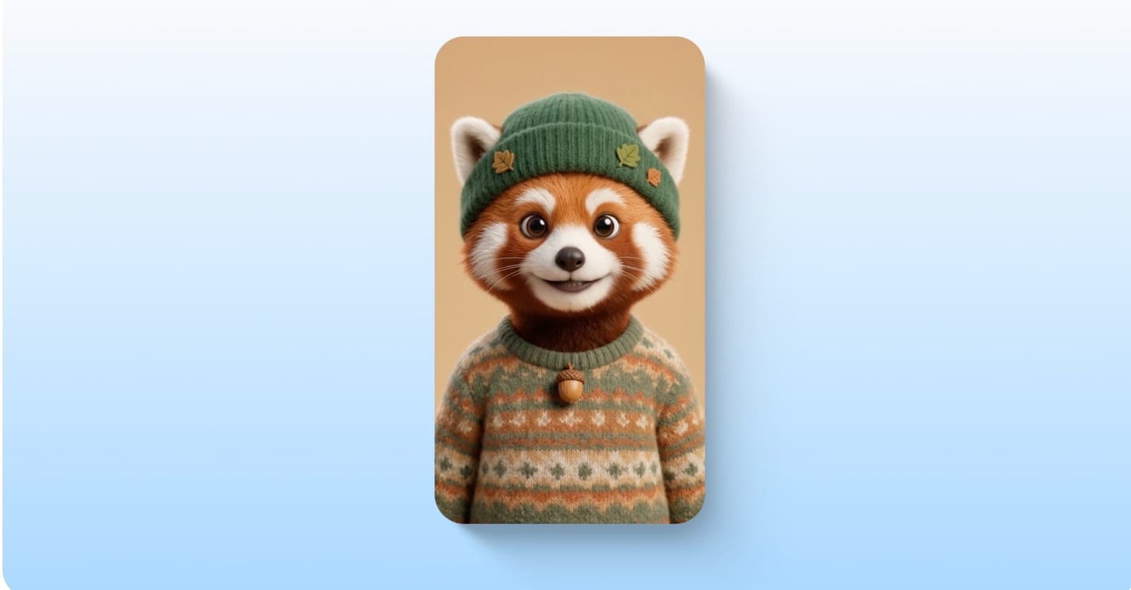 A card showing an AI-generated red panda character avatar wearing a knit sweater and beanie