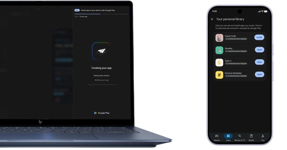 A laptop showing Google AI Studio creating an app for Google Play, next to a phone showing the Play Store's personal library with four self-made apps