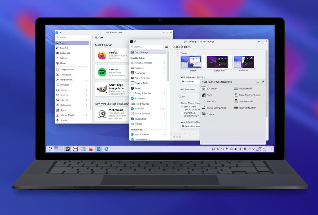 A laptop screen showing the KDE Plasma desktop interface, including the Discover app store and System Settings panels