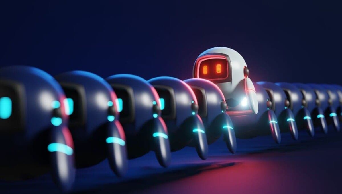 A row of dark robotic figures with blue lights, with one robot in the middle highlighted in red standing out from the rest