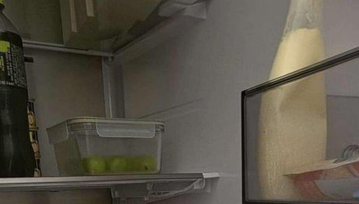 Photo inside a Samsung refrigerator showing food and drinks on the shelves