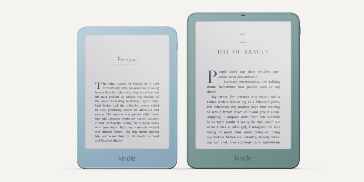 Two Kindle e-readers in light blue and green colors standing side by side showing book text on their screens
