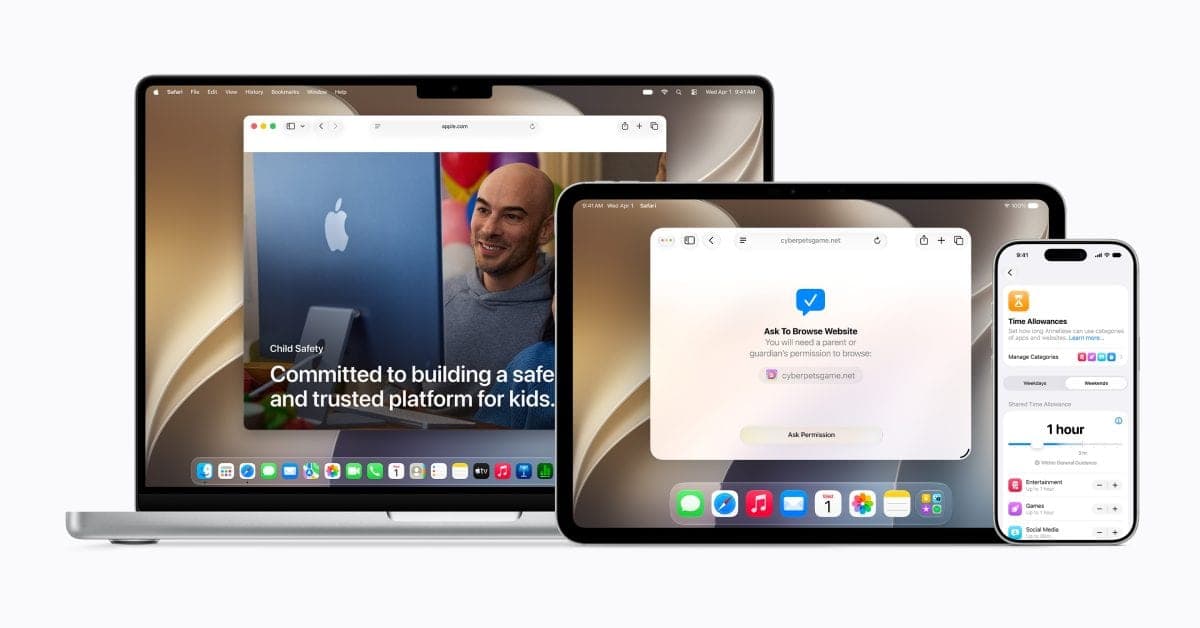 A MacBook, iPad, and iPhone showing Apple's Child Safety features, including an 'Ask To Browse Website' permission screen and a Time Allowances settings panel with category limits.