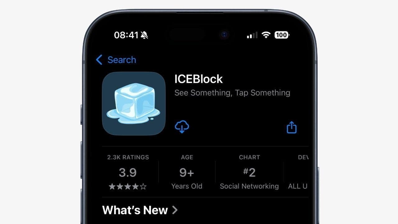 The ICEBlock app listing shown in Apple's App Store on an iPhone, displaying its icon, description 'See Something, Tap Something,' and a 3.9-star rating from 2.3K reviews.