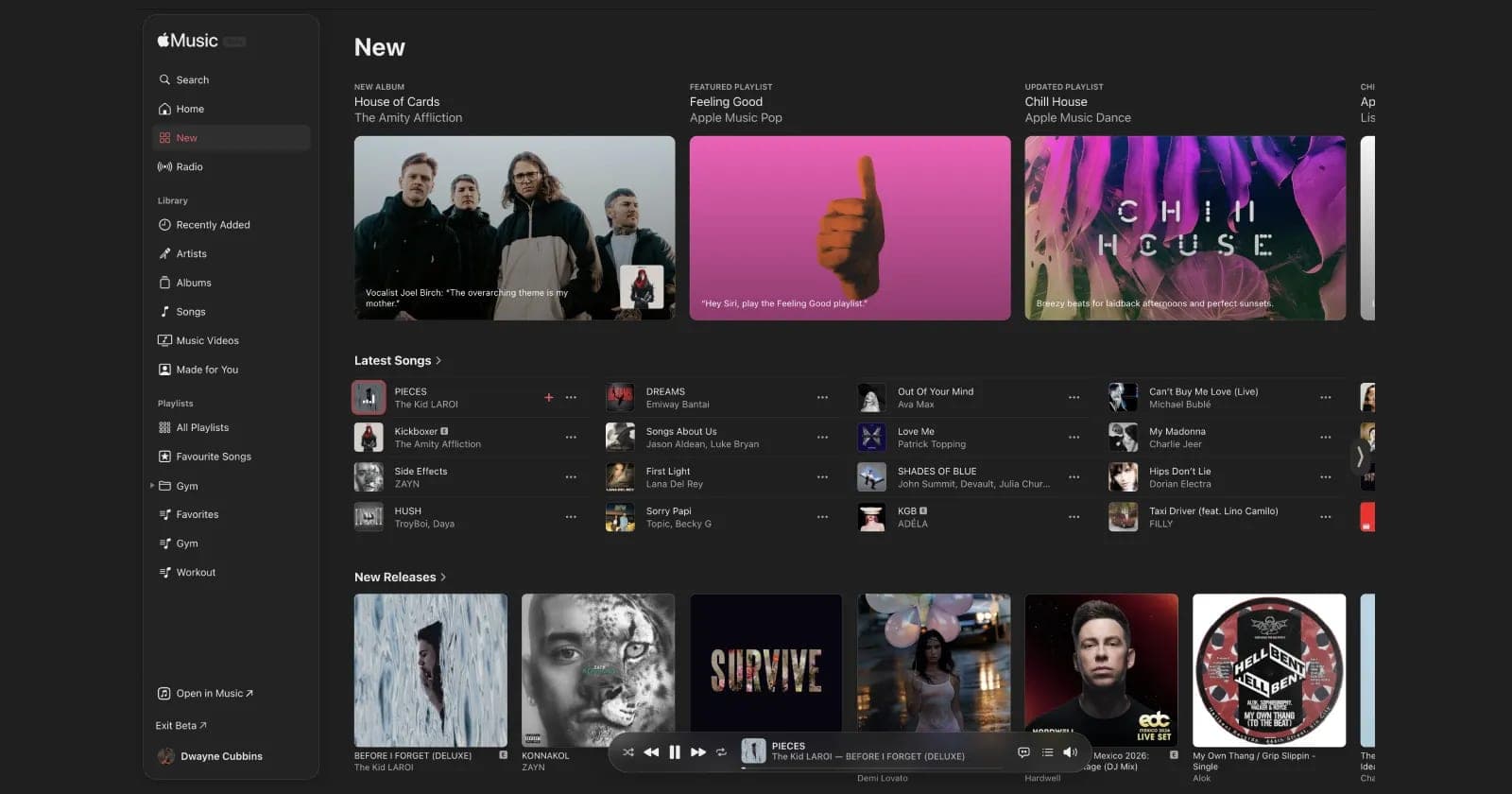 Apple Music's web player interface showing its dark, glass-styled design with a mini-player bar and browsing panels