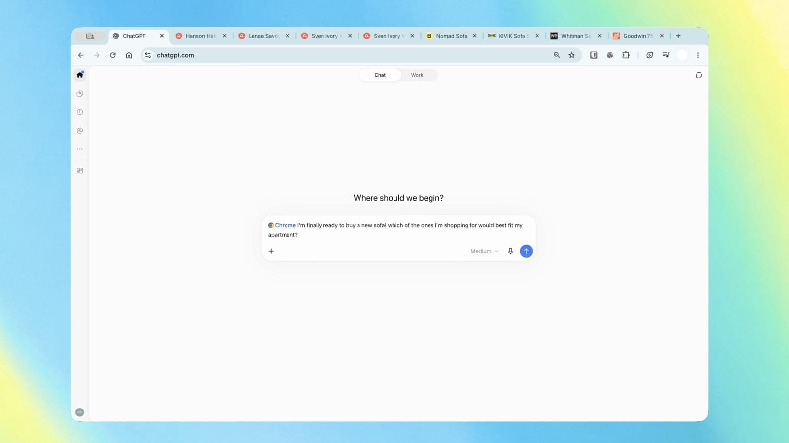 ChatGPT open in a Chrome window with Chat and Work tabs at the top, a row of furniture store tabs, and a message asking which sofa would best fit an apartment