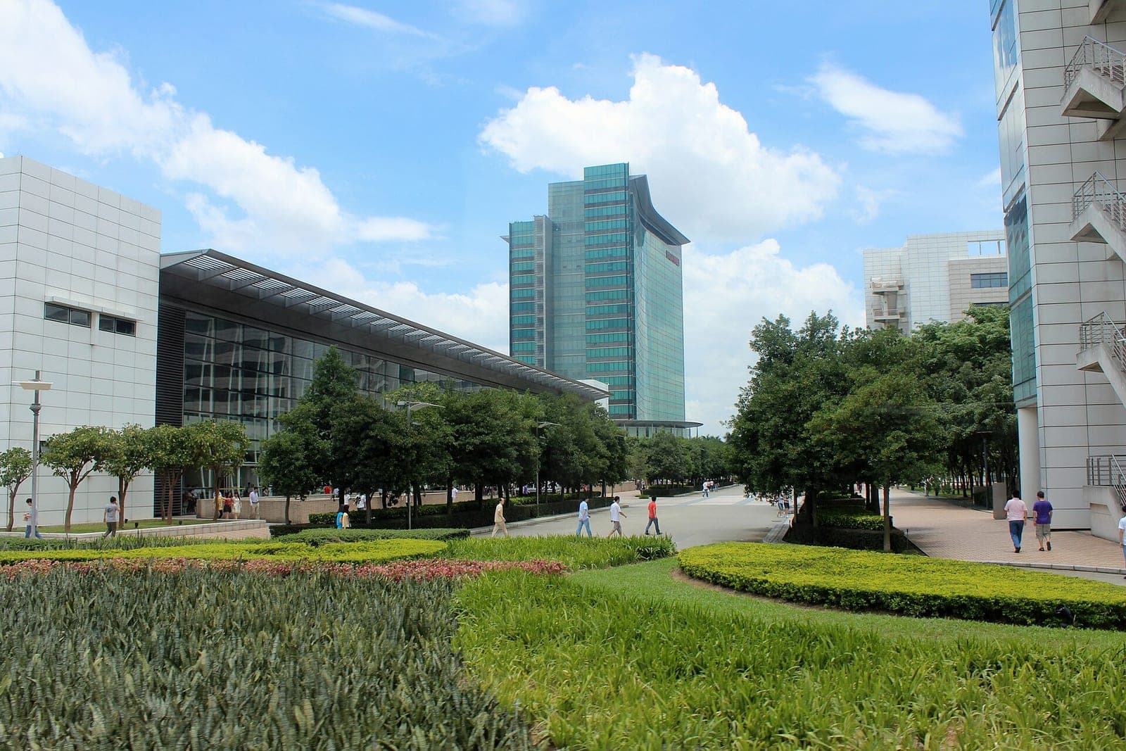 The Huawei corporate campus in Bantian, Shenzhen, with office buildings and landscaped walkways