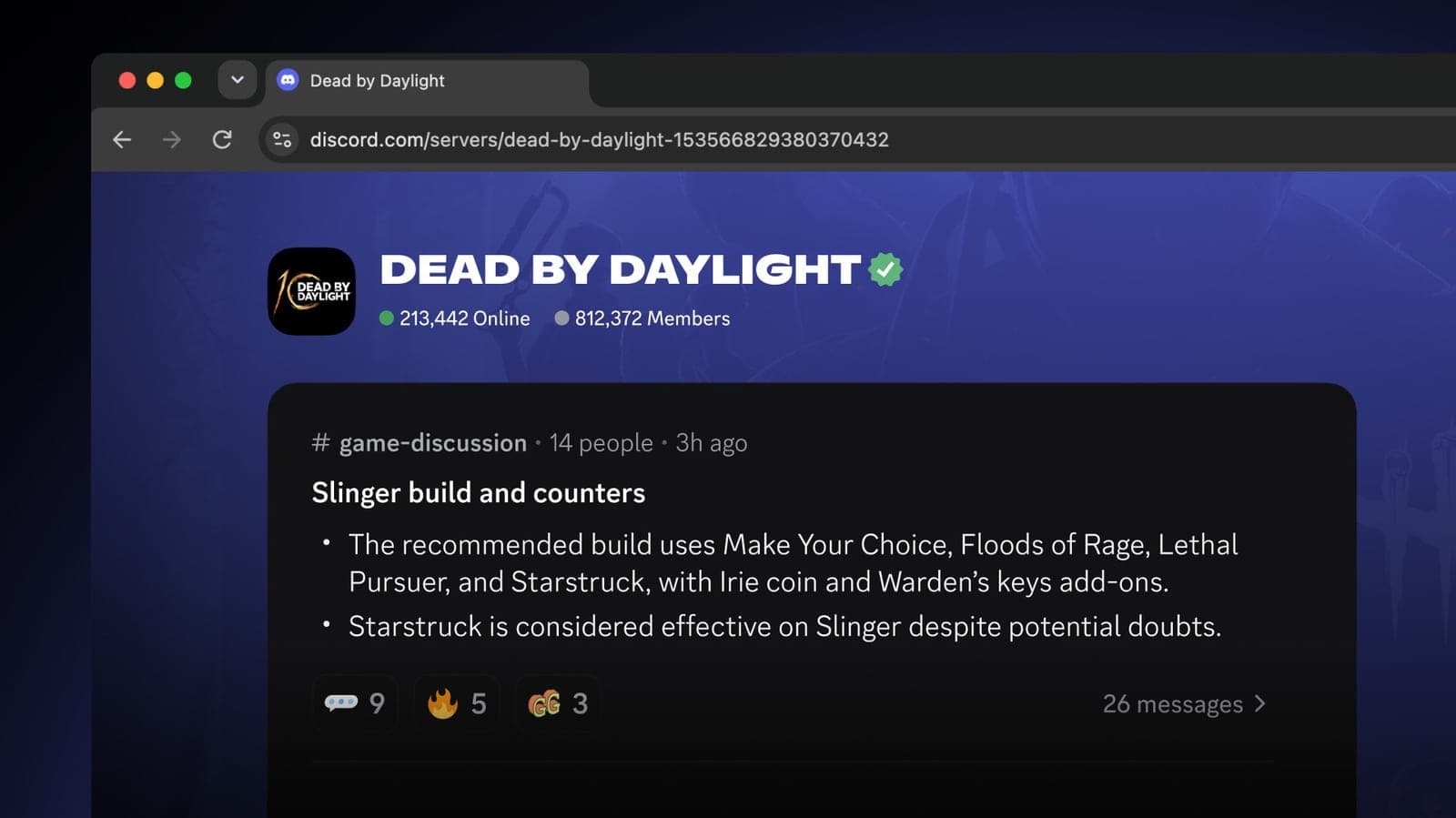 A Discord Server Web Page for the game Dead by Daylight, showing the member count and a summary of a channel discussion