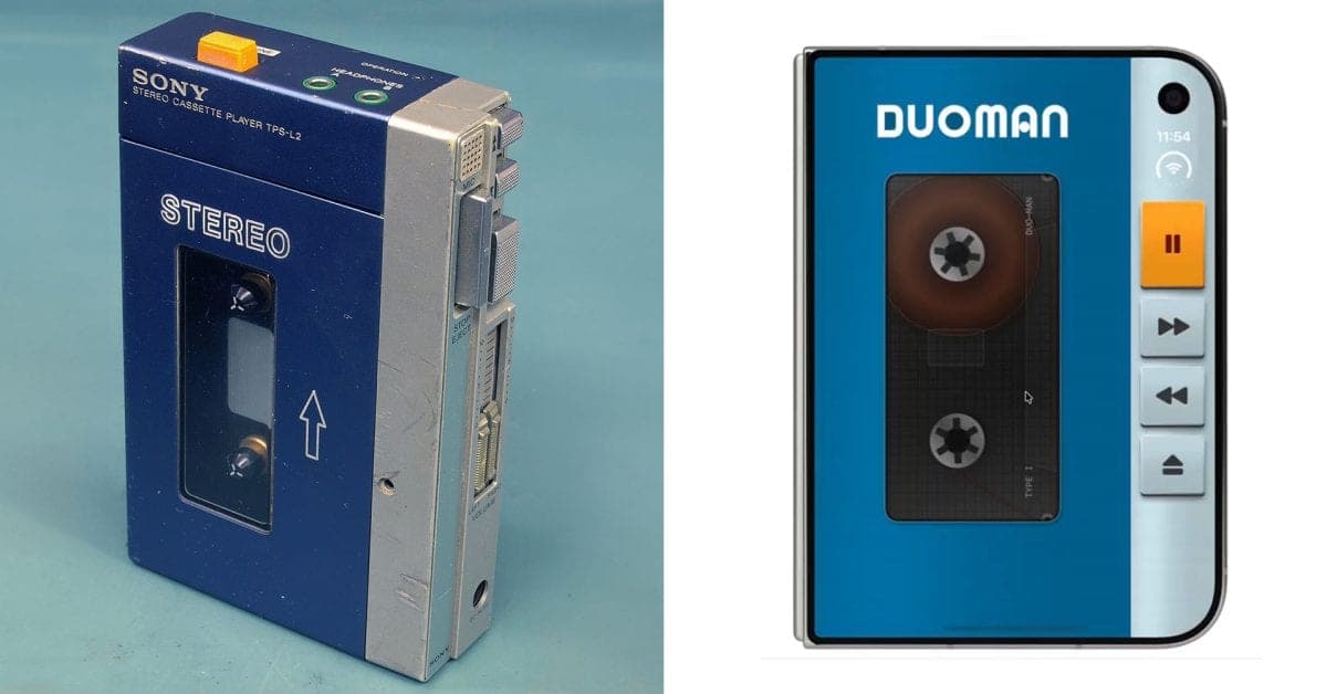 A side-by-side comparison of a vintage blue Sony Stereo cassette Walkman and a folding iPhone Duo running the Duo-Man app, which displays a virtual cassette tape interface.