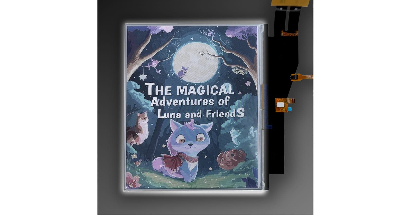 An E Ink Kaleido 4 color e-paper panel with its ribbon cables attached, showing a colorful illustrated children's book cover