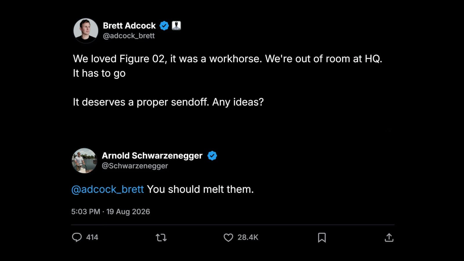 A screenshot of Brett Adcock's tweet asking for sendoff ideas for Figure 02, with Arnold Schwarzenegger's reply suggesting they melt the robots