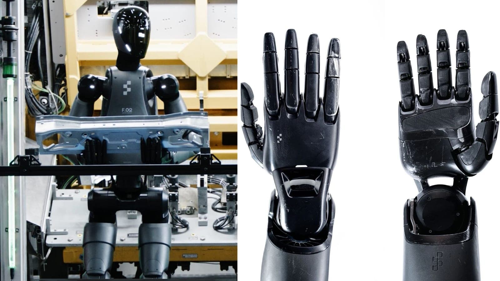 A Figure F.02 humanoid robot holding a BMW sheet-metal part on a factory line, next to close-up photos of its worn robotic hands