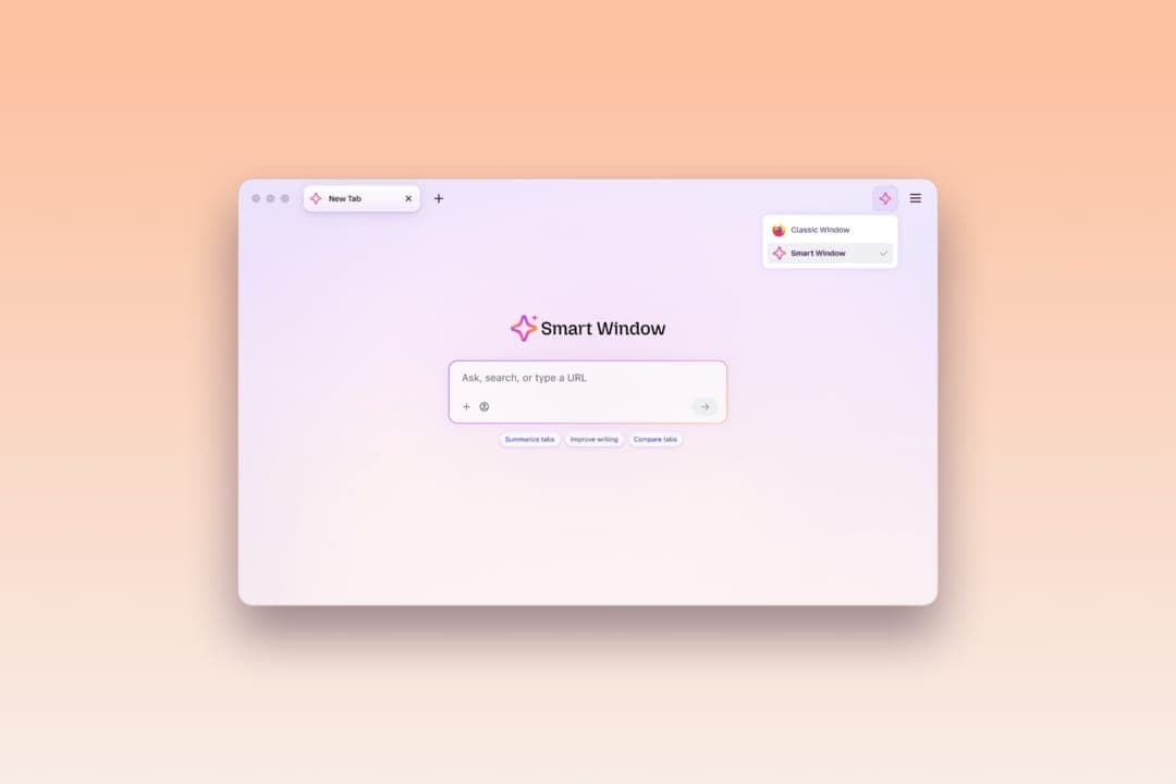 A Firefox window showing the Smart Window start page with a search box and a menu to switch between Classic Window and Smart Window