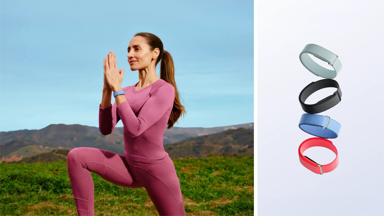 A woman doing yoga outdoors wearing a Fitbit Air band, next to four Fitbit Air bands in different colors