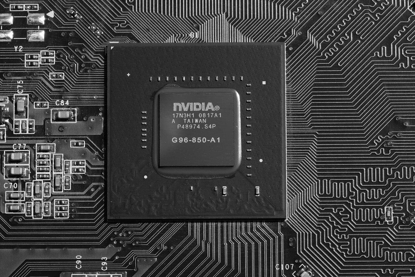 Close-up of a black Nvidia GPU chip mounted on a circuit board