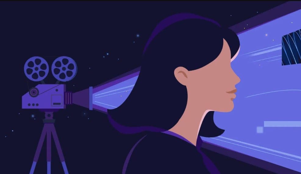 An illustration of a person watching a glowing blue cinema screen beside an old-fashioned film projector