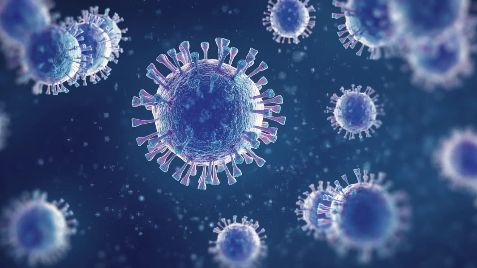 Close-up 3D illustration of multiple blue influenza virus particles