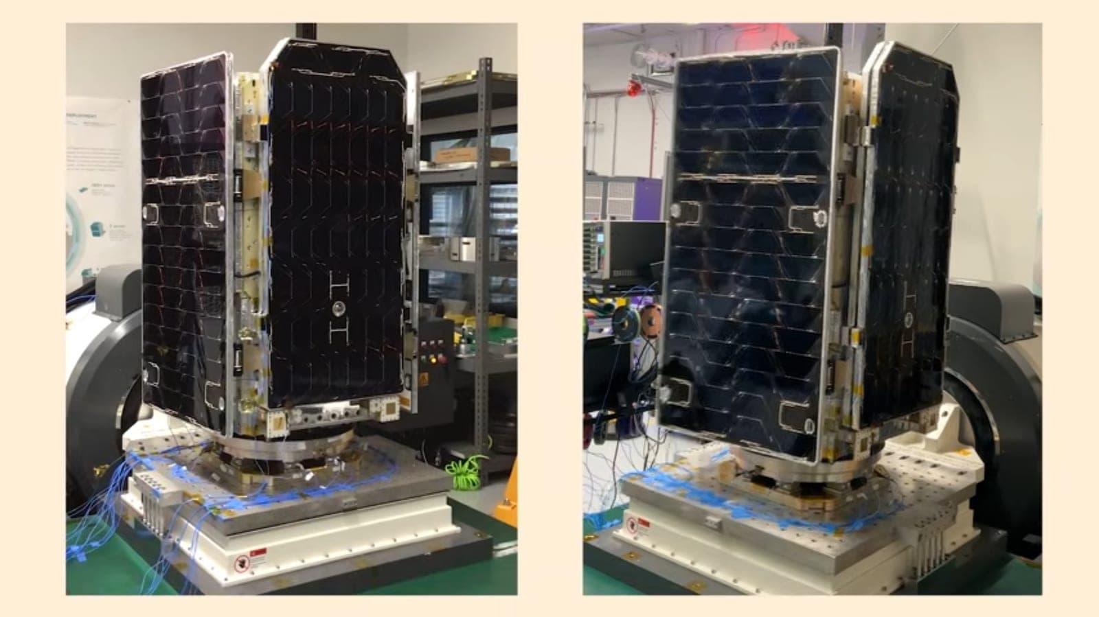 Two photos of the MVP test satellite with solar panels deployed, in a lab testing rig