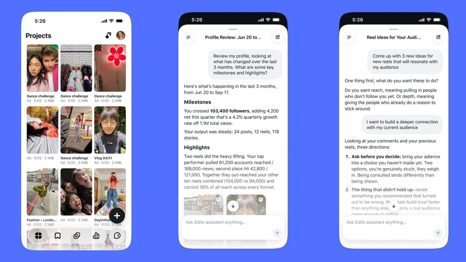 Three phone screens showing the Edits app, including a projects grid and conversational AI assistant chat screens