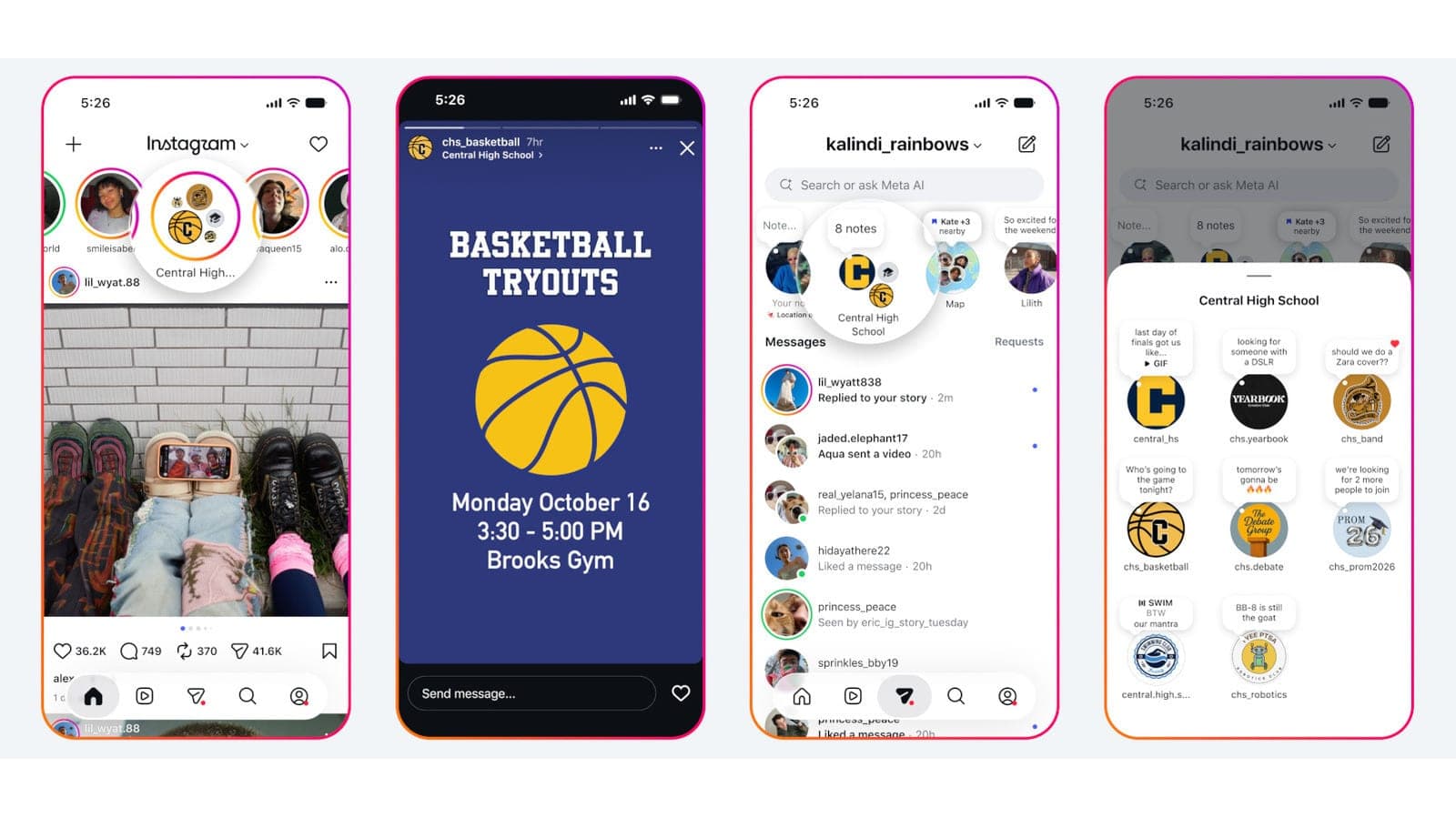 Four phone screens showing Instagram's School Partnership Program features, including a Central High School Story about basketball tryouts and a student directory of school clubs.