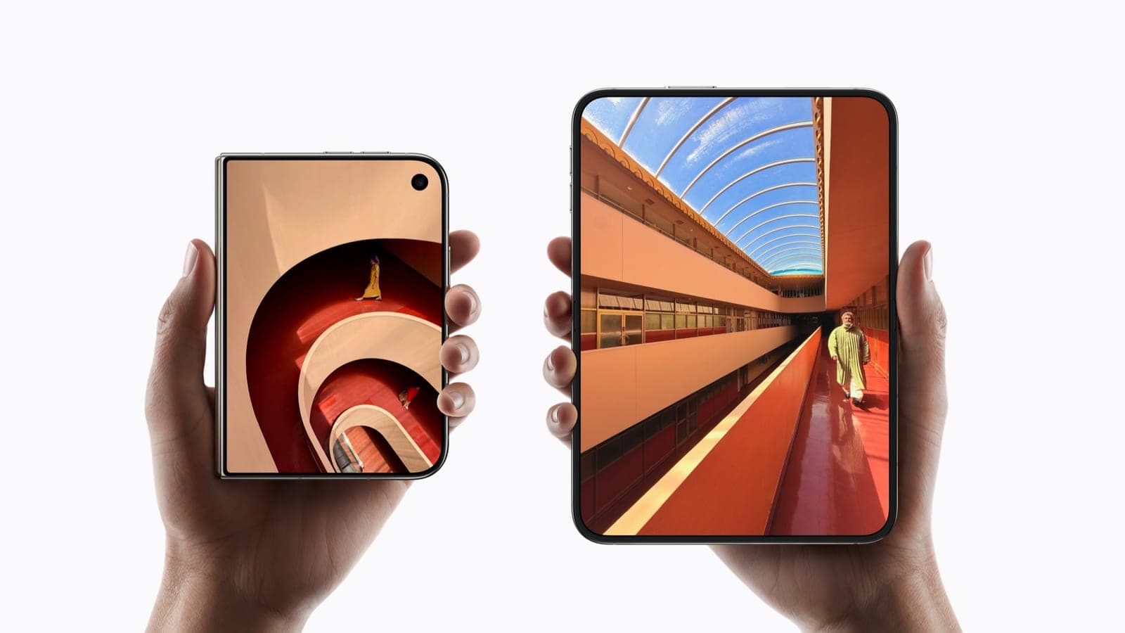 Two hands holding iPhone Duo phones side by side, one closed showing the small outer screen and one open showing the large inner screen
