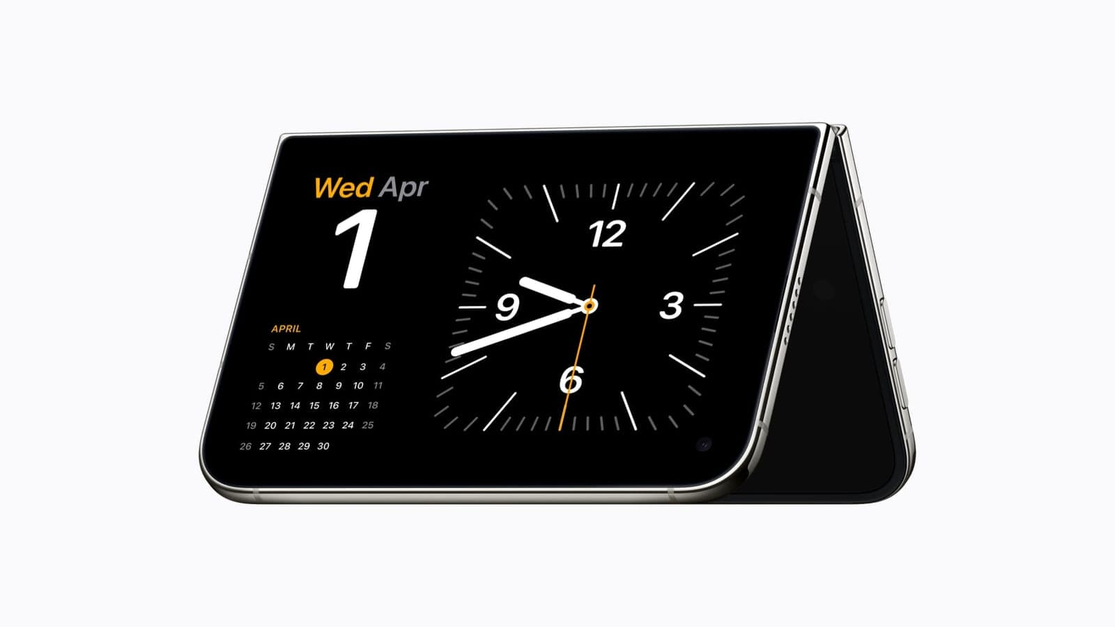 iPhone Duo half folded and standing on its own like a tent, showing a large clock and a monthly calendar in StandBy mode
