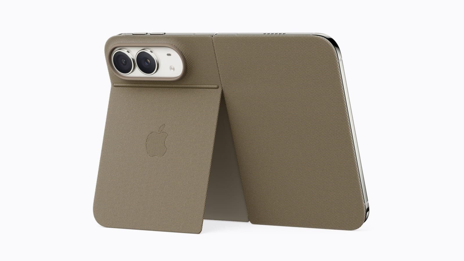 The back of iPhone Duo in the taupe fabric Folio case, with its fold-out kickstand holding the phone upright
