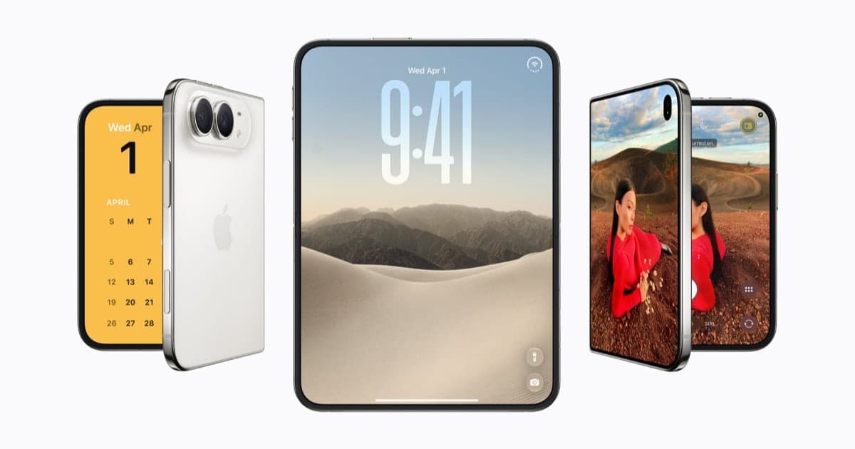 Three iPhone Duo phones on a white background: one closed showing its white back and dual camera, one fully open showing a 9:41 lock screen, and one half open showing the camera