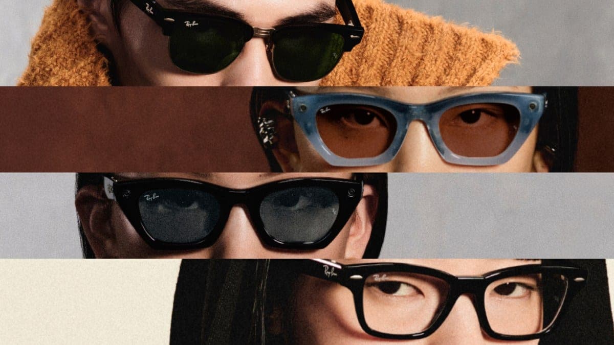 Four people wearing Ray-Ban Meta glasses in different frame styles