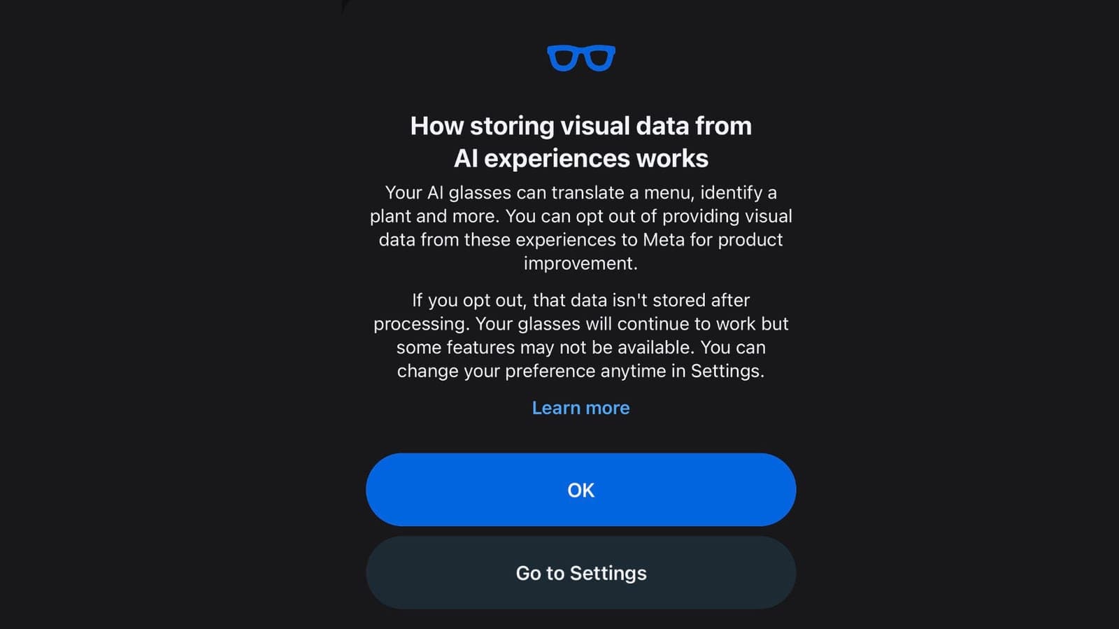 Screenshot of a Meta AI app notification explaining how storing visual data from AI experiences works, with an opt-out option