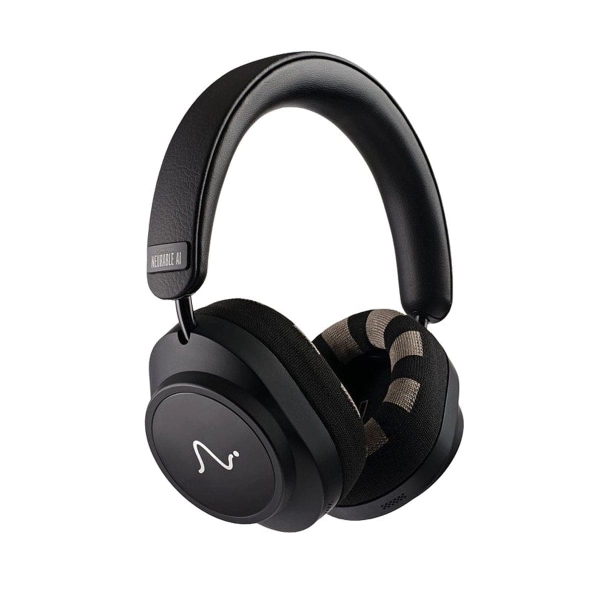 Black over-ear headphones with a small Neurable AI logo badge on the headband and textured ear cushions