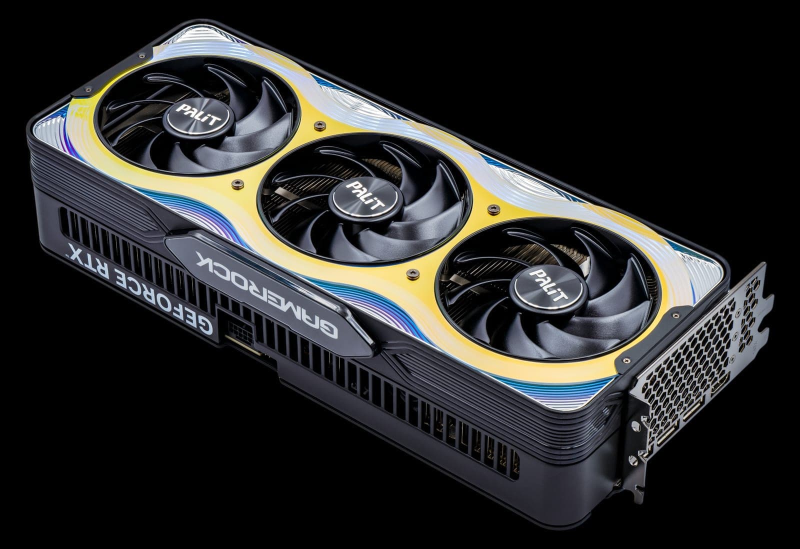 A GeForce RTX 5090 graphics card with three fans, photographed from above on a black background
