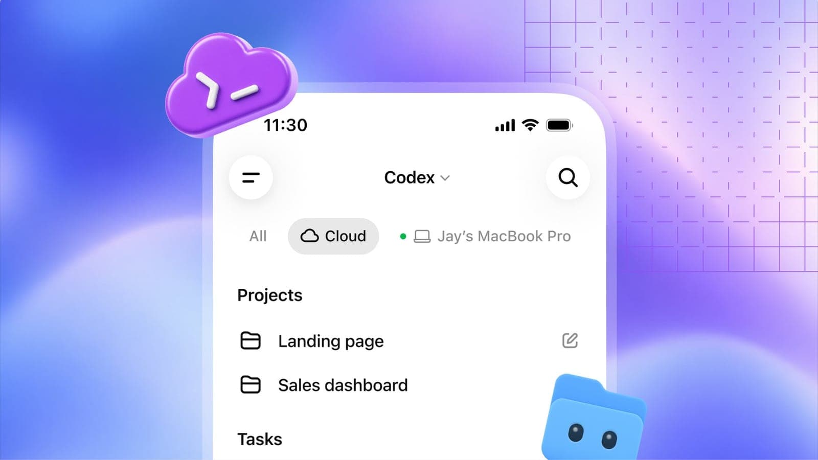 A phone screen showing the Codex app interface with Cloud and 'Jay's MacBook Pro' device tabs, a Projects list, and a Tasks section.