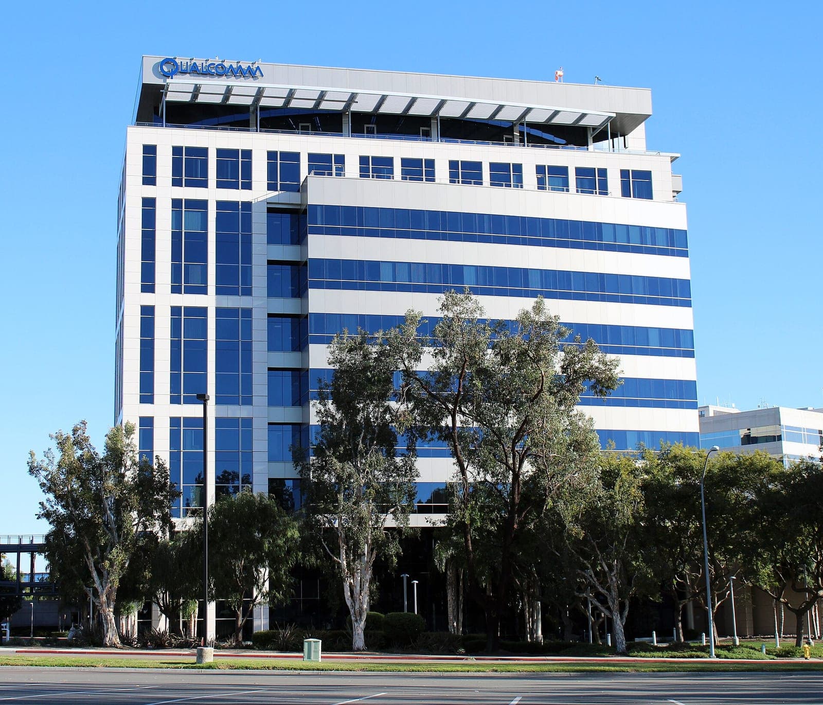 Qualcomm's office tower in La Jolla, San Diego, with the Qualcomm sign on the roofline, behind a row of eucalyptus trees under a clear blue sky