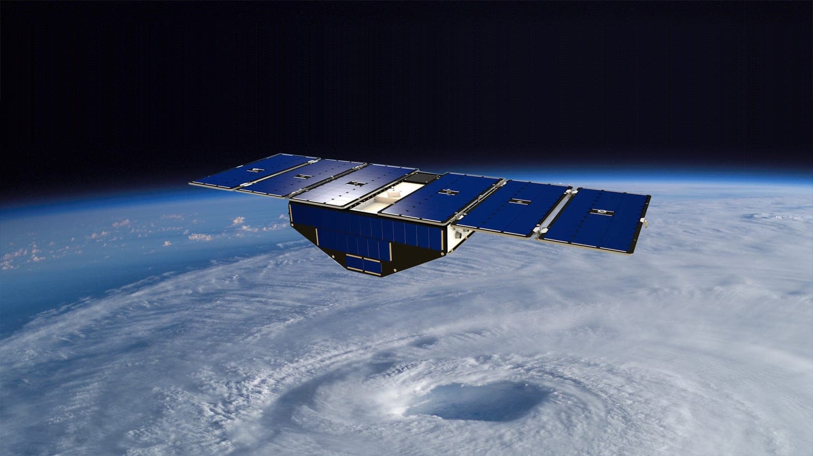 An artist's rendering of a satellite with extended solar panels orbiting Earth above a large hurricane system