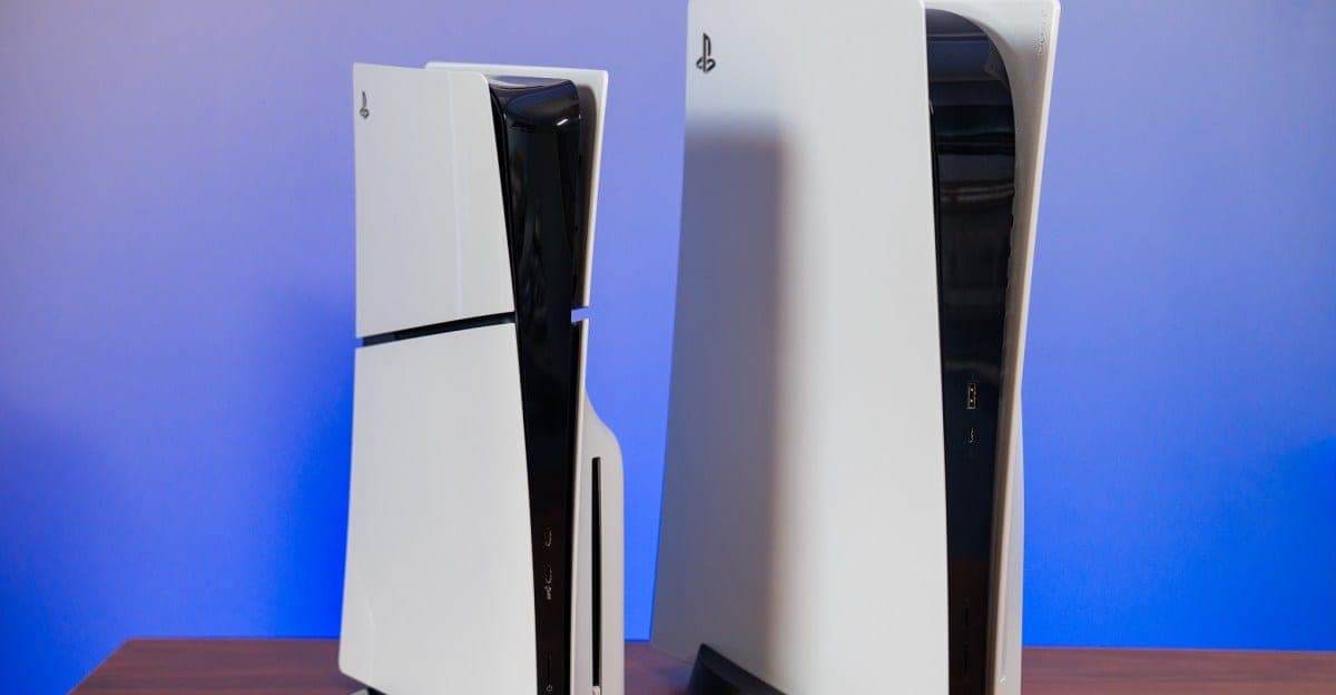 A white PS5 Slim and an original PS5 standing side by side on a wooden table against a blue wall