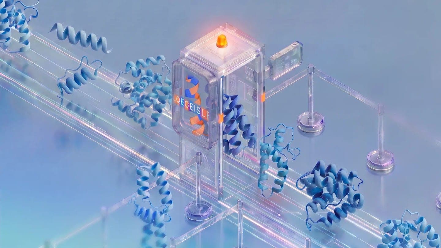 A 3D illustration of ribbon-like protein structures passing along glowing tracks through a glass security checkpoint