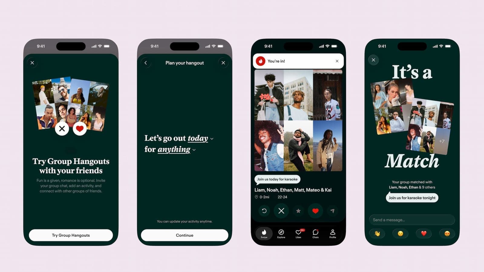 Four phone screens showing Tinder's Group Hangouts feature, including group photo cards, activity planning, and a group match screen