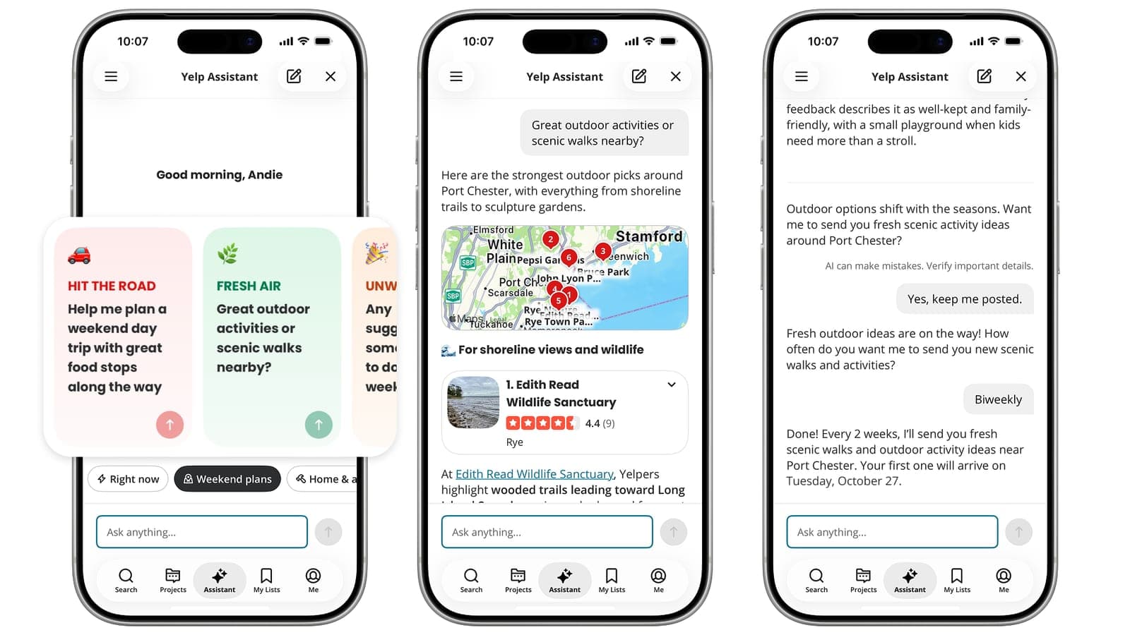 Three phone screens showing Yelp Assistant, with trending prompt cards, outdoor activity picks on a map, and a chat setting up reminders